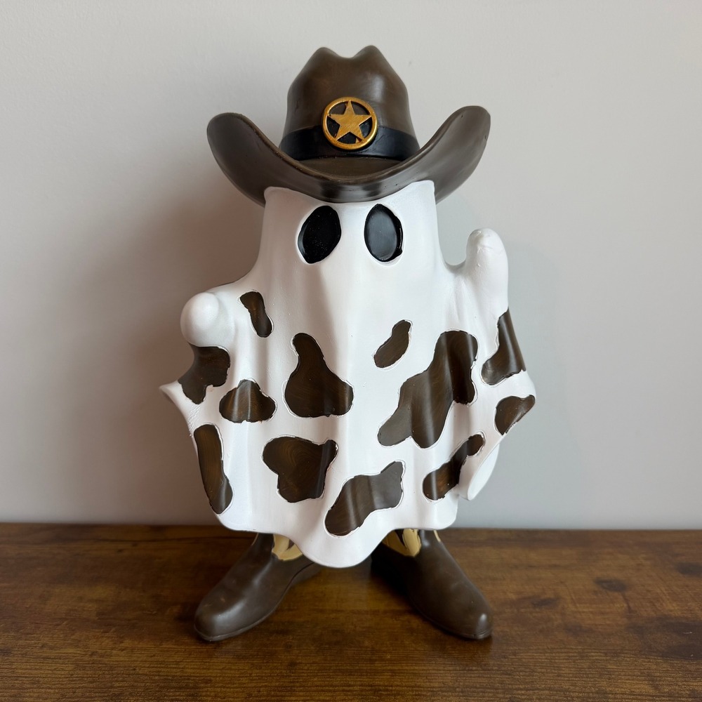 New Cowboy Standing Ghost Boots Hat Figurine Decor Halloween Cow Print Western
